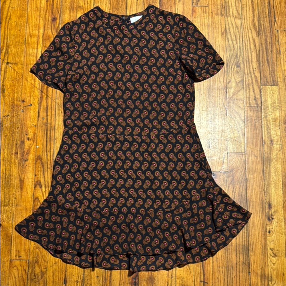 A.L.C. Women's 100% Silk Brown Pink Floral Print Black Sheer Midi Dress Size 6‎